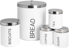 Image of Metal Kitchen Canister Set White 5Pc round Retro Food Storage Preservation