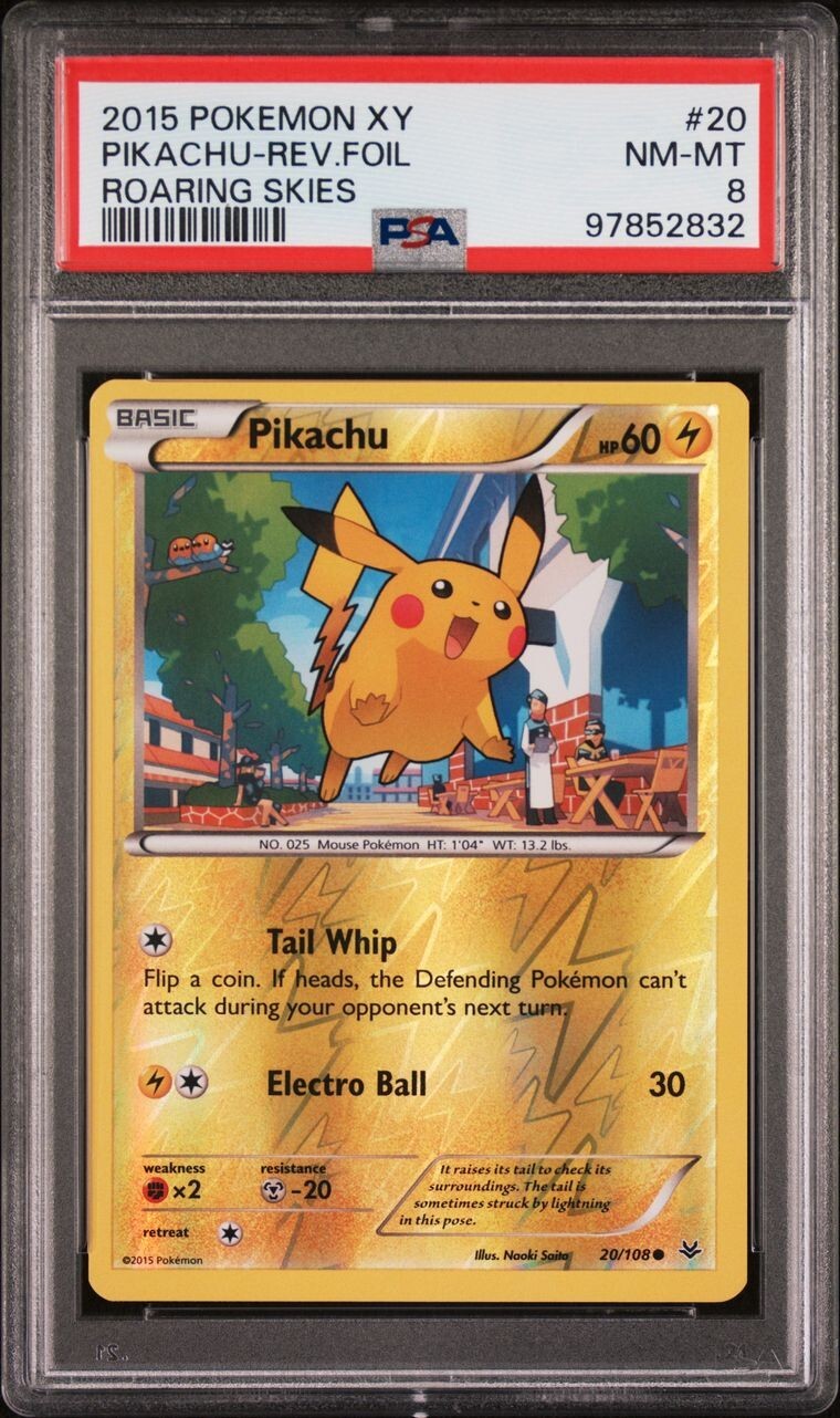 PSA 8 NM-MT 2015 Pokemon XY Roaring Skies Rev Reverse Holo Foil Pikachu #20