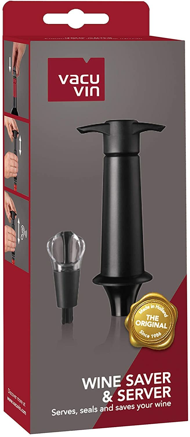 Vacu Vin Wine Saver Pump with 1 X Vacuum Bottle Saver and Server Stopper Black