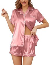 Women's Satin Pajama Set Button Down Short Sleeve Loungewear Set Silk Pjs for...