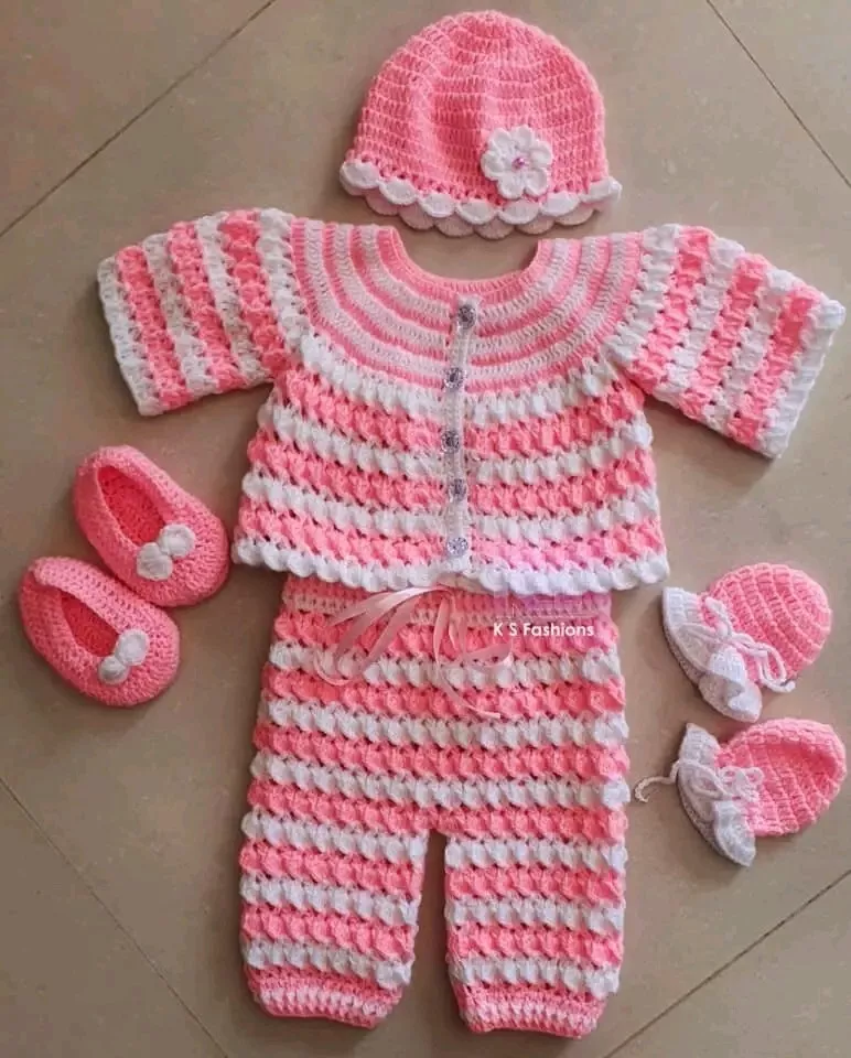 Crochet Baby Set- Sweater Pants Hat Booties Infant 3m Girl Handmade Shower  Gift