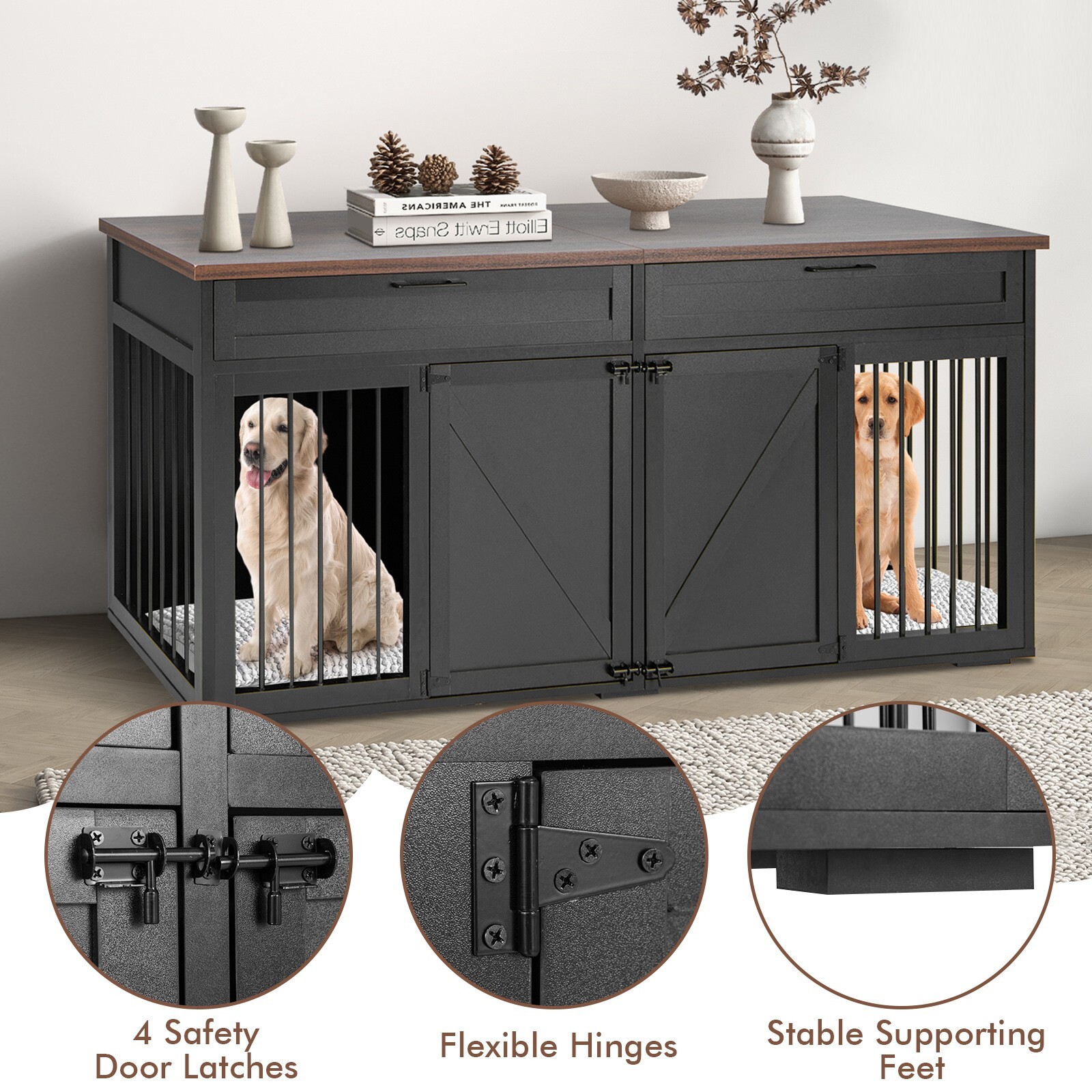 Wooden Double Dog Crate Furniture Large Breed Dog House Kennel w/ Room