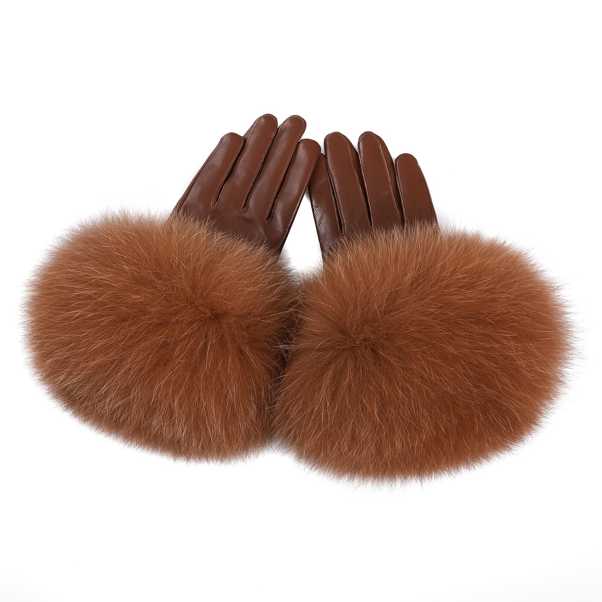 Women Genuine Lambskin Leather Gloves With Real Fox Fur Trim  display picture 1