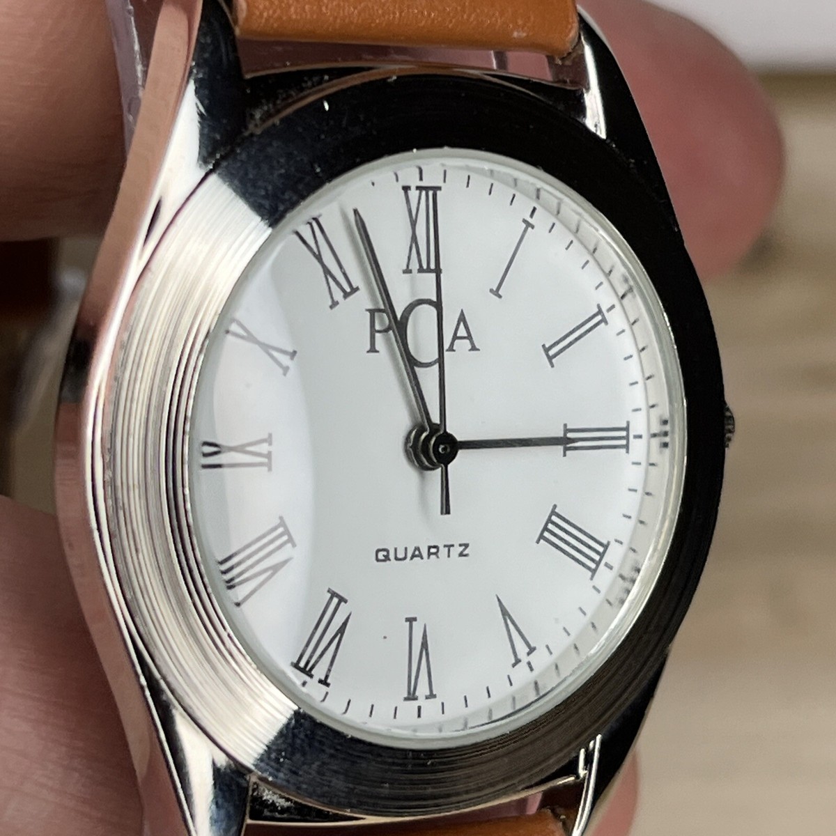 Unisex 34mm PCA Watch, Silver Tone with Brown Band, NEW 