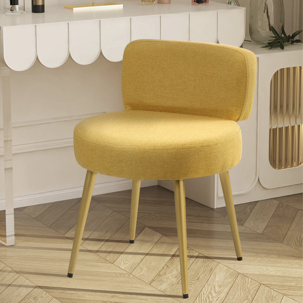 Yellow Linen Dressing Table Chair Bedroom Vanity Stool w Low Backrest Metal Legs