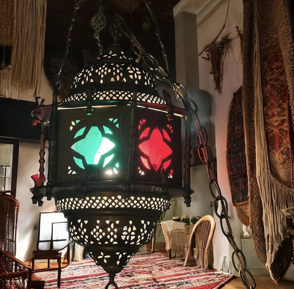 Старинный мавританский подвесной светильник 1920-х бронзовый красный зеленый 100% подлинный работает отлично - Изображение 3 из 4