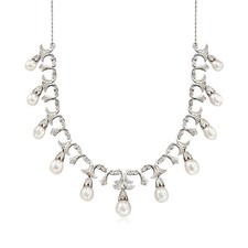 6-9mm Cultured Pearl and .20 ct. t.w. Diamond Necklace in Sterling Silver