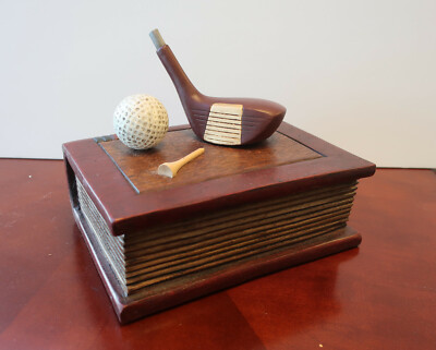 HAND CARVED CollectiblHinged BOX w/Driver+Golf Ball on Lid. NAVIKA  8''Lx6''Wx6''H