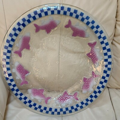 Peggy Karr SIGNED Platter Pink Shark Blue Checkerboard Fused Art Glass 19.5'' 