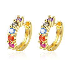 Women 925 Silver Tone Gold Rainbow CZ Huggie Hoop Snap Earrings 15mm Gift AF