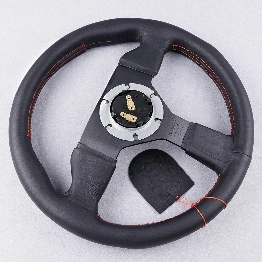 330mm Leather Flat Racing Steering Wheel Red Stitch Fit for Omp