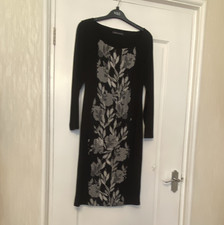 M&S Black Grey Floral Jersey Shift Dress Round Neck Long Sleeve Knee UK 12