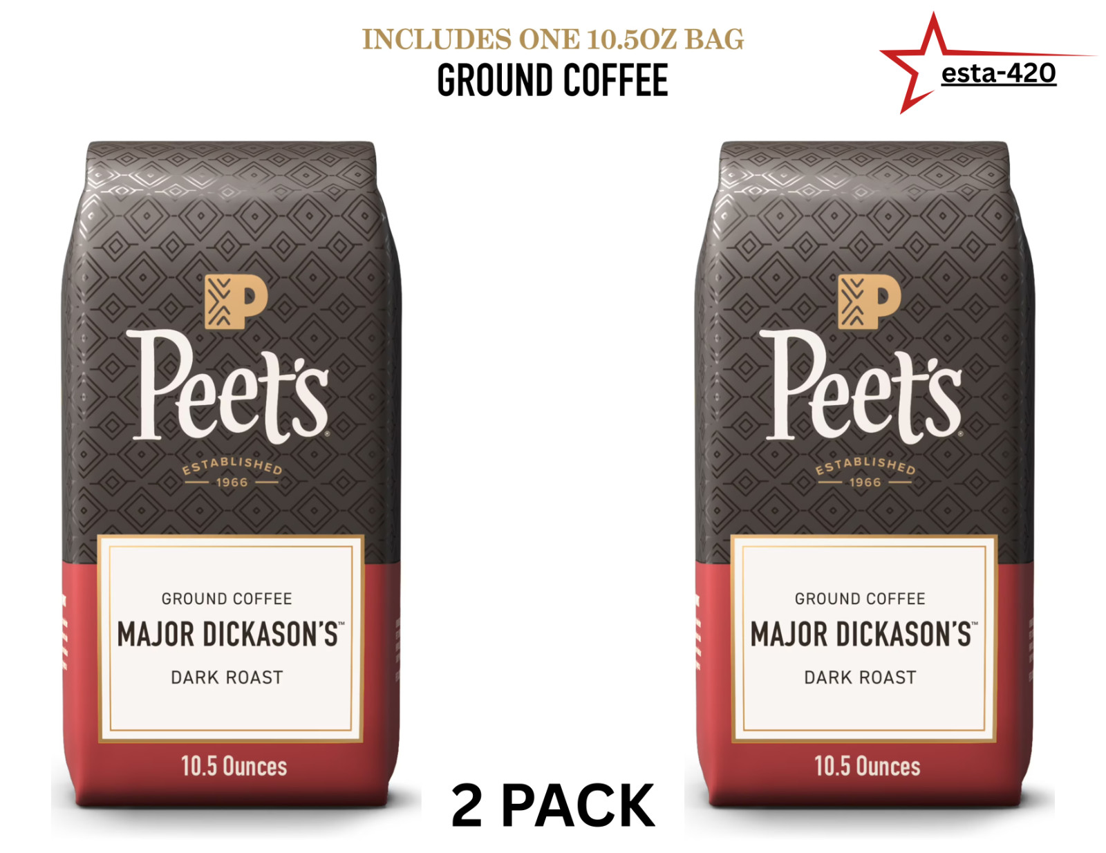 Peet's Major Dickason Dark Roast Ground Coffee ( 2 Pack )  Arabica, 10.5 oz