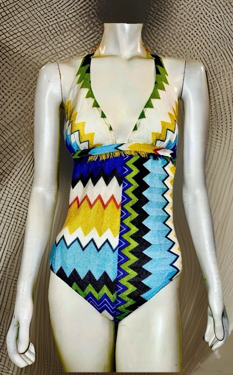 MISSONI Mare Swimsuit Lurex Shimmer Halter Chevron Fringe Swimwear Sz 46 NWT image 2