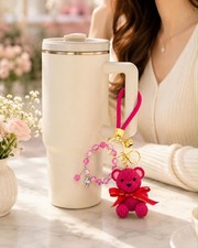 Teddy Bear Keychain Cute Plush Bag Charm Beaded Wrist Strap Purse Accessory