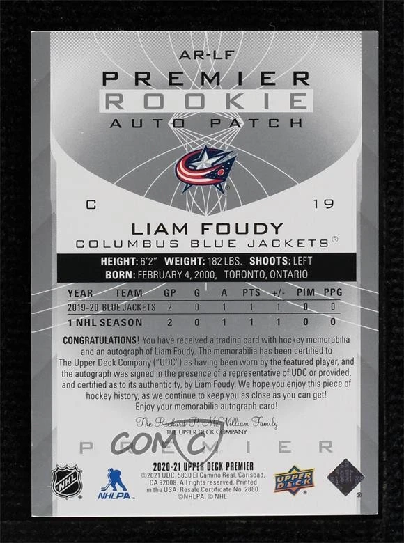 2020 Upper Deck Premier Acetate Rookie /149 Liam Foudy #AR-LF RPA Patch Auto RC - Image 2 of 2