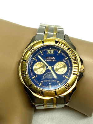 Vintage Guess Waterpro 97  Moonphase Date Day Dial St.Steel Watch Silver Gold