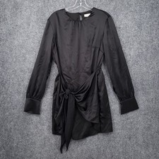 Aaron & Amber Dress Womens Large Black Satin Long Sleeve Front Tie Mini Stretch