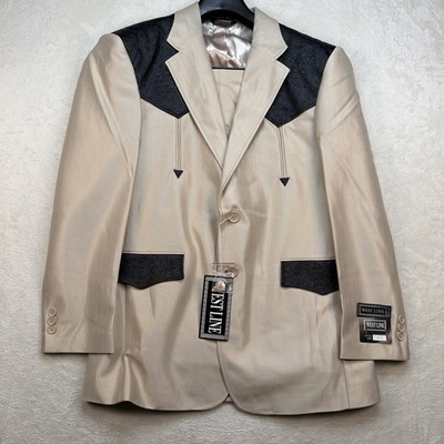 Vintage Western Suit Mens 40R 34 Beige Black Rockabilly Deadstock Set