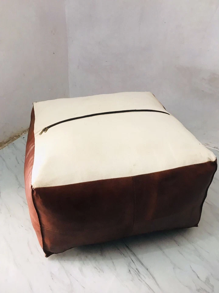 Moroccan Handmade Ottoman Pouf New Brown Decorative Footrest Leather Pouffe - Image 2 of 4