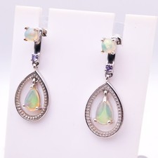 Platinum Over Sterling Silver 925 Opal Convertable Drop Dangle 1.25" Earrings