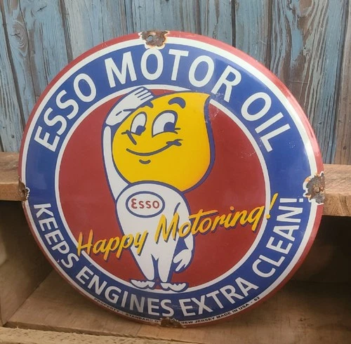 Vintage ESSO Motor Oil Porcelain Metal Domed Gas Pump Plate Sign