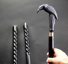 37'' Brass Black Raven Crow Head Handle Walking Stick Spiral Cane Rubber Tip