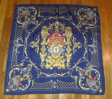 Talbots Blue Gold Red Ornate Crest 100 Silk Square Scarf 30"