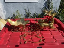 Heavy Brass Reindeer and Sleigh 21" Long; Christmas Centerpiece Decor