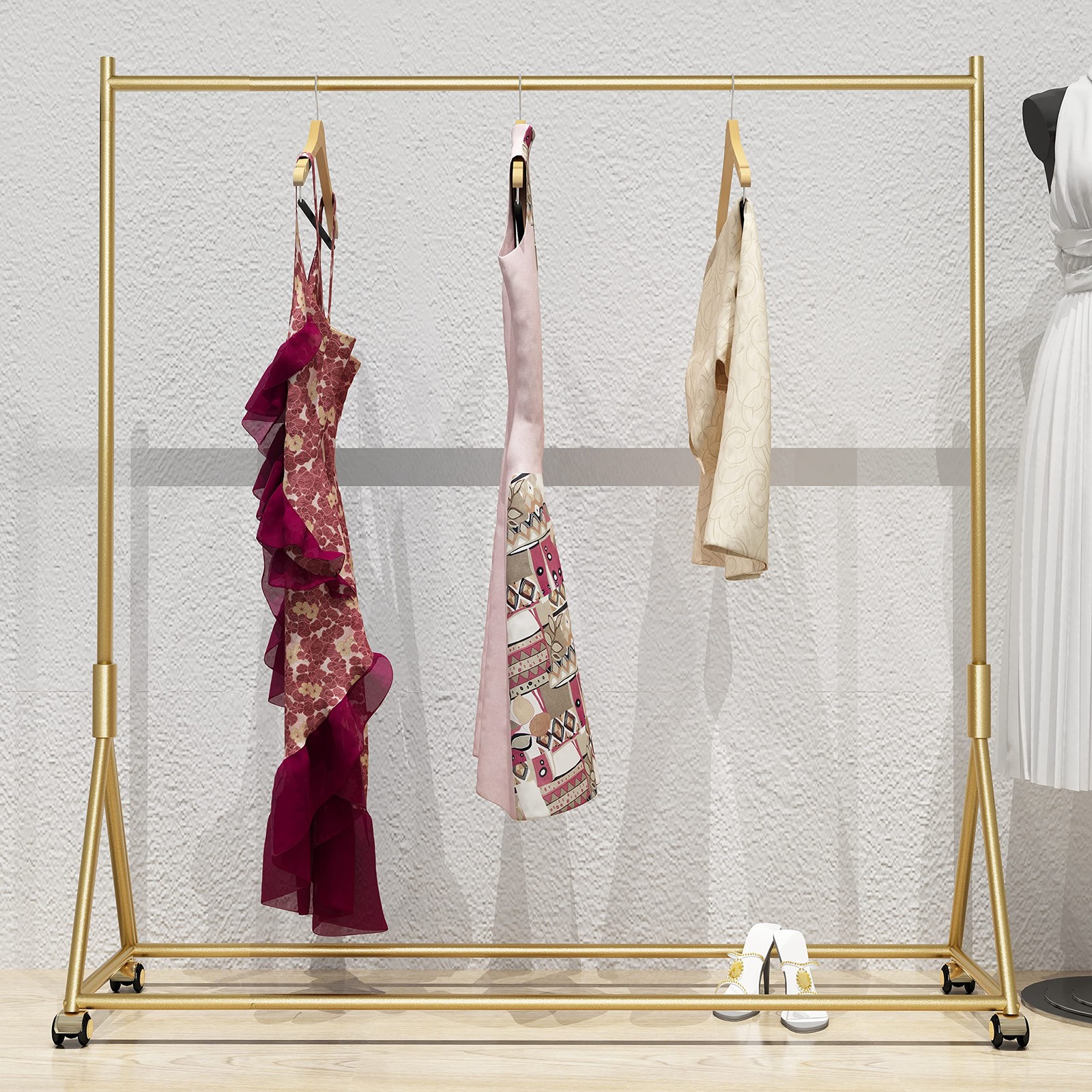Gold Rolling Garment Rack Modern Display with Wheels