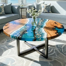 Luxury Ocean Blue Epoxy & Natural Wood Round Table – Handmade Coffee and Dining