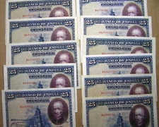 Spain 1928 25 Pesetas P-74b Series B, VF+ to XF, ONE NOTE ONLY, Combined S/H