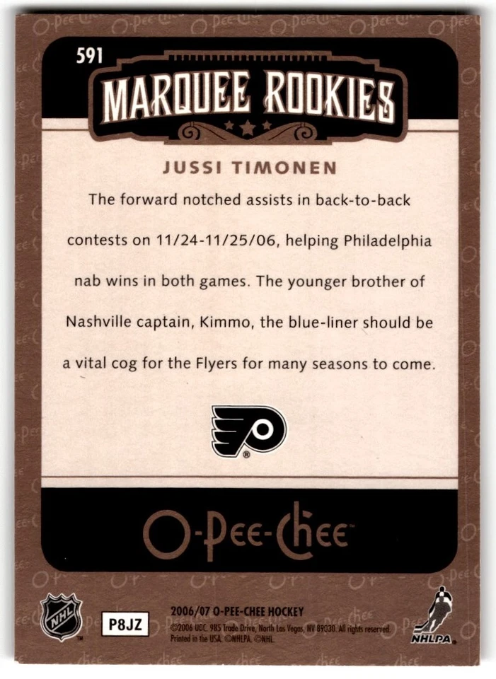 Jussi Timonen 2006-07 O-Pee-Chee Rookie #591 Philadelphia Flyers - Image 2 of 2