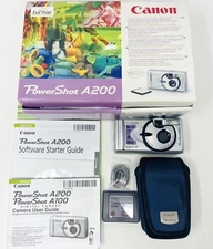 Working Canon PowerShot A200 Silver Digital Camera w/ CF Card + Case + Box