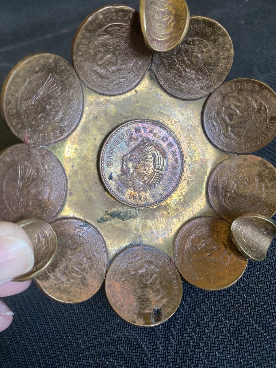 Vintage Mexico Coin Centavos Ashtray 16 Coins Handmade Trench Folk