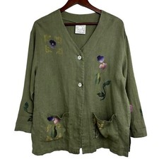 Hand Painted Linen Blazer Jacket Sz M/l Floral Lagenlook Art To Wear Cottage Vtg