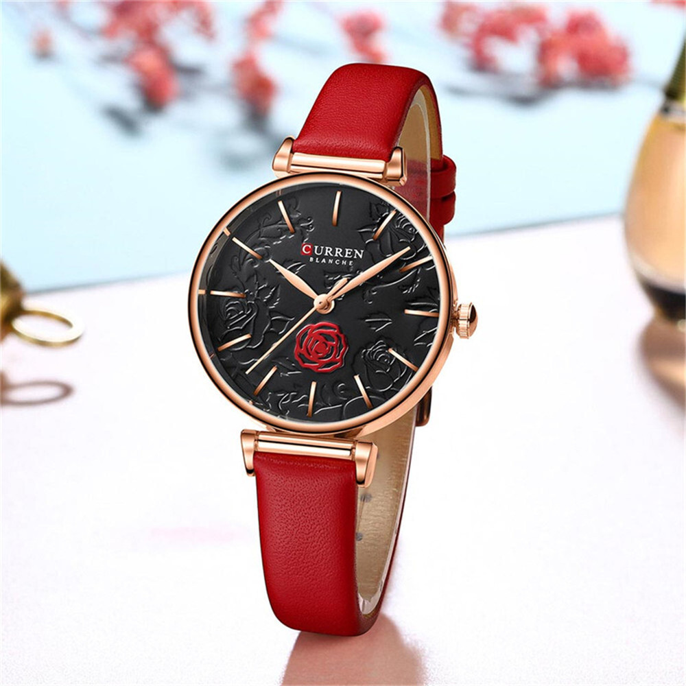 CURREN Women Watch Fashion Female Red Leather Wristwatch Girls Ladies