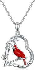 925 Sterling Silver Cardinal Necklace Red Bird CZ Heart Pendant Gifts for Women