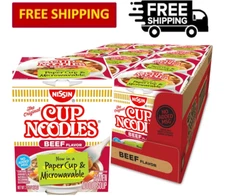 Nissin Instant Ramen Cup Noodles Soup, Beef Flavor, 2.25 oz Pack of 12