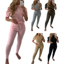 Womens Ruched Short Sleeve Lounge Wear Ladies Top Bottom Tracksuit Set 2 Piece