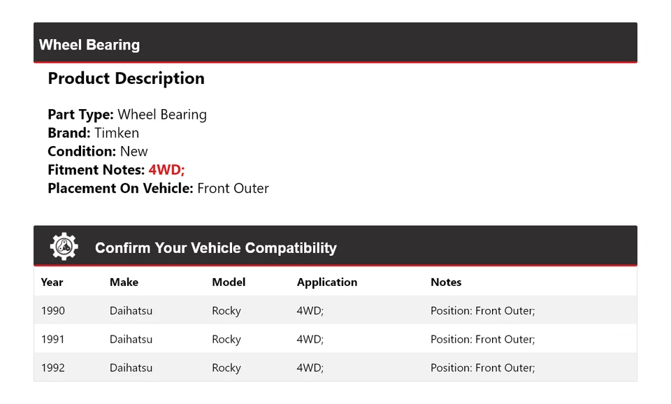Cojinete de rueda delantero exterior Timken 1991 para Daihatsu Rocky 1990-1992 4x4 Foto 2 de 4