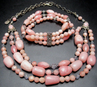 BARSE Sterling Silver 925 Pink Quartz & Crystal Necklace Bracelet Set