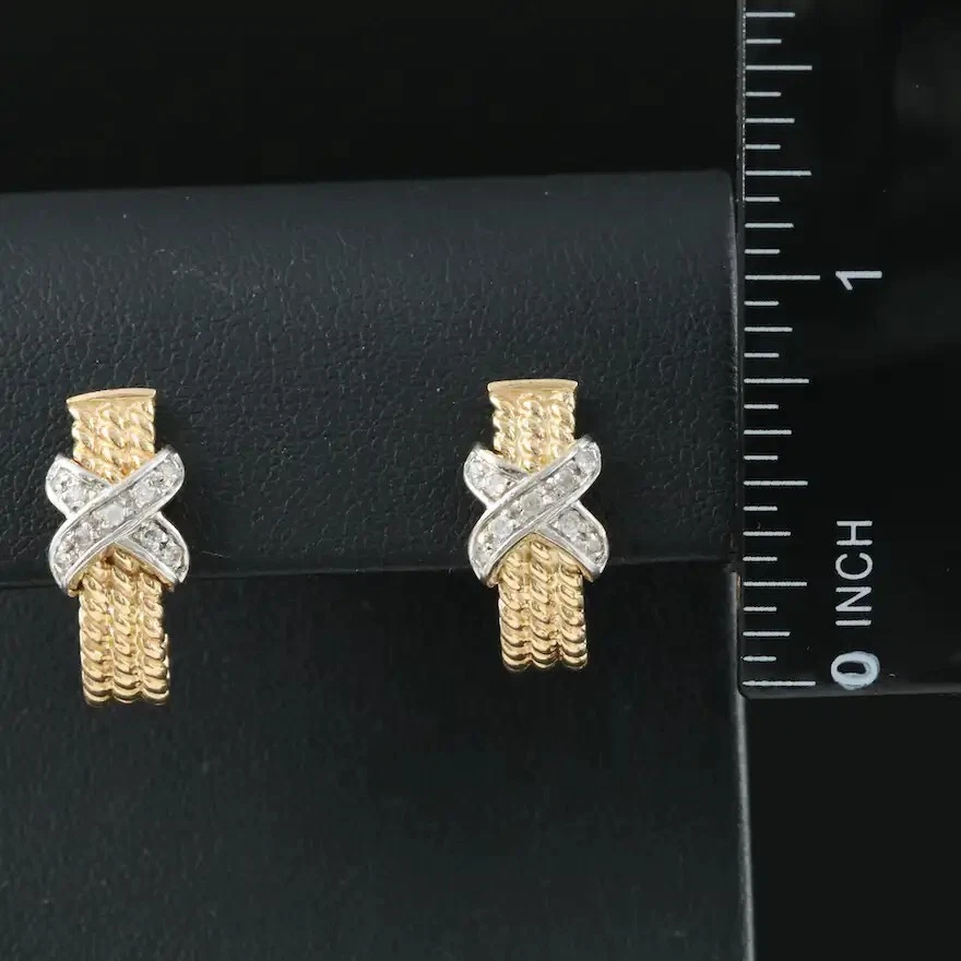 14K 0.18 CTW Natural Diamond Earrings - Bi-Colored Gold Hoops - Gorgeous! - Image 2 of 4