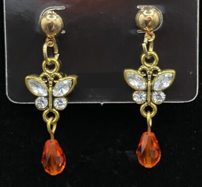 Handmade Butterfly with Clear & Orange Crystal Bead Earrings by Neanie-Bot