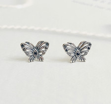 S925 Sterling Silver Black CZ Retro Flying Butterfly Stud Earrings