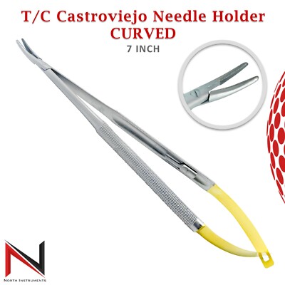 Dental Suturing Tweezers TC Tips Castroviejo Needle Holder Curved 7'' with lock