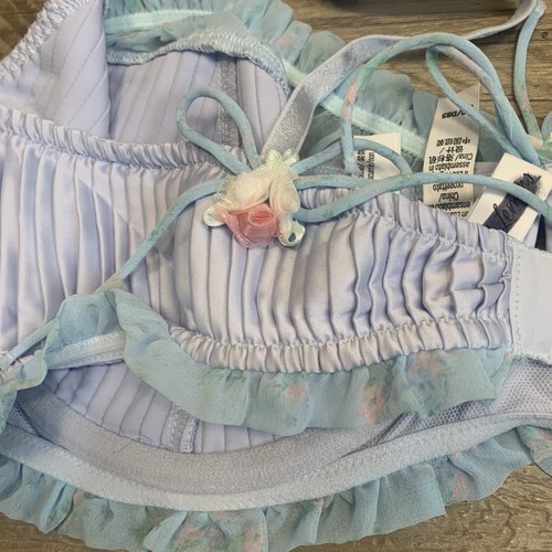 For Love and Lemons Satin Ellery Underwired Pleated Bra Pastel Blue 38 D Roses - Picture 10 of 14