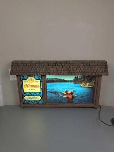 Vintage 1970s Hamm's Beer Lighted Bar Sign, Cabin Roof,  Land of Sky Blue Waters