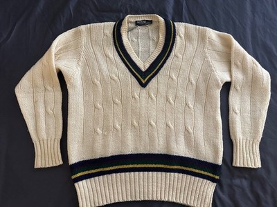 Vtg 80s POLO RALPH LAUREN Wool Cable Knit V-Neck Cricket Sweater L/44 Made in UK