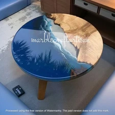 Ocean Blue Epoxy Round Tabletop Walnut Acacia Wood River Counter Desk Furniture
